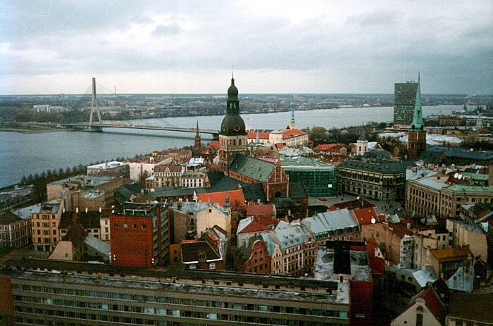 Looking down on the Old City at the core of Riga, Latvia, from a tall church tower.