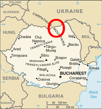 Map of Romania showing the Bucovina region overlapping Romania and Ukraine.