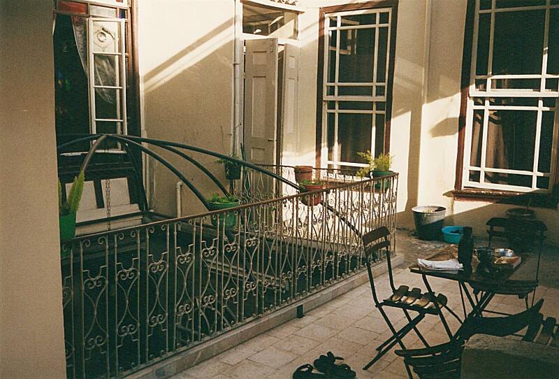 Chairs along the balcony at the Al Haramain hotel, Damascus, Syria.