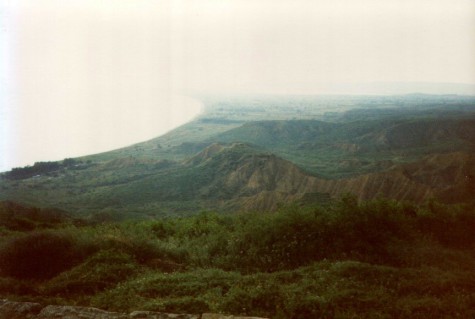 Gallipoli battlefield: looking down to the beaches from the high lands held by the Turks. View from above Anzac Cove toward the Aegean shoreline.