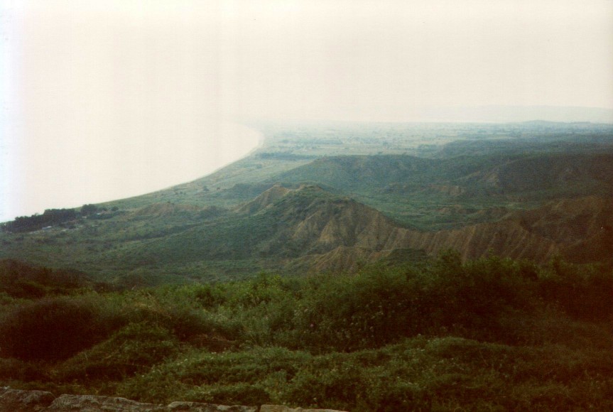 Gallipoli battlefield: looking down to the beaches from the high lands held by the Turks. View from above Anzac Cove toward the Aegean shoreline.