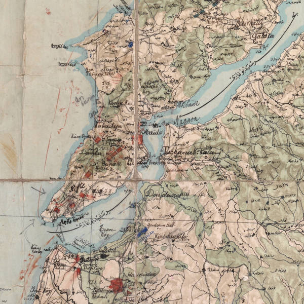 Turkish map of military deployments, from https://commons.wikimedia.org/wiki/File:Battle_of_Gallipoli_-_map_of_Turkish_dispositions_in_April_1915.png