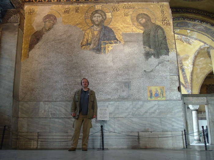 Deësis inside the Hagia Sophia or Aya Sofya, in Istanbul. Early 14th Century mosaic of the Virgin Mary, Jesus, and John the Baptist.