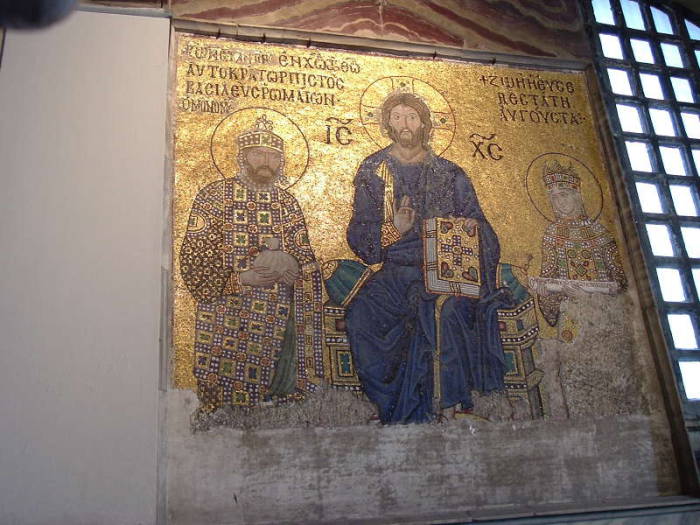 Mosaic inside the Hagia Sophia or Aya Sofya, in Istanbul. Constantine IX Monomachos, Jesus, and Empress Zoe.