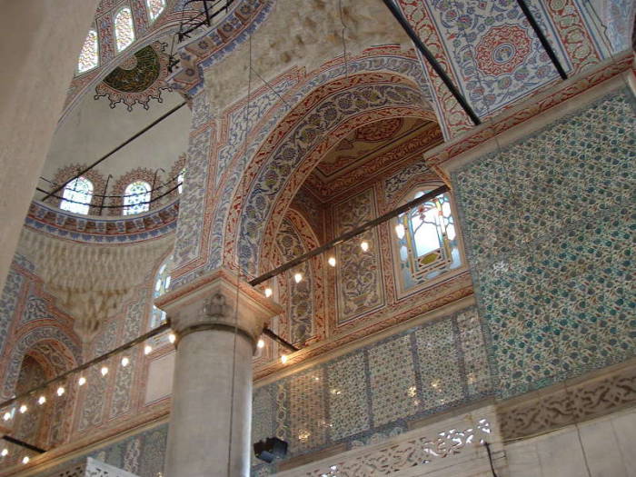 Interior of the Blue mosque or Sultanahmet Cami, in Istanbul. Blue tile walls with geometric and floral designs, the origin of the name.