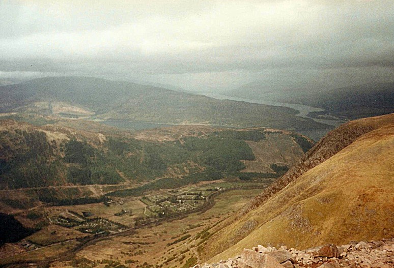 View from Ben Nevis of Glen Nevis, Fort William, and Loch Linnhe, Scotland.