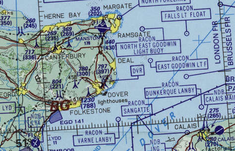 Aeronautical chart E-1 shows the short distance between Dover and Calais.