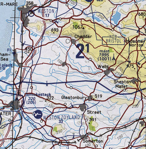 TPC E-1C aeronautical map showing Glastonbury and its surroundings.