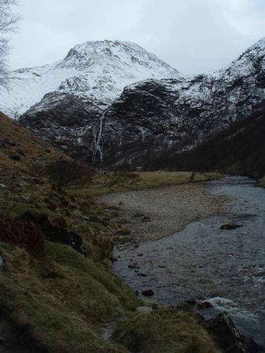 The upper end of Eas an Tuill, with the waterfall An Steall coming down from An Gearanach, above Glen Nevis.
