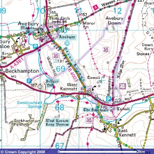 Part of a 1:50,000 map showing Avebury village and associated megalithic sites.