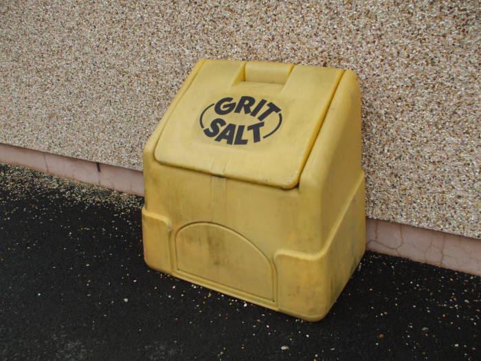 A grit box at the ferry terminal in Stromness in the Orkney Islands.