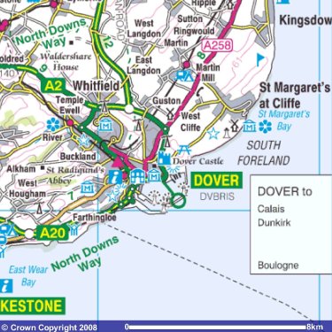 Dover and the nearby coast.