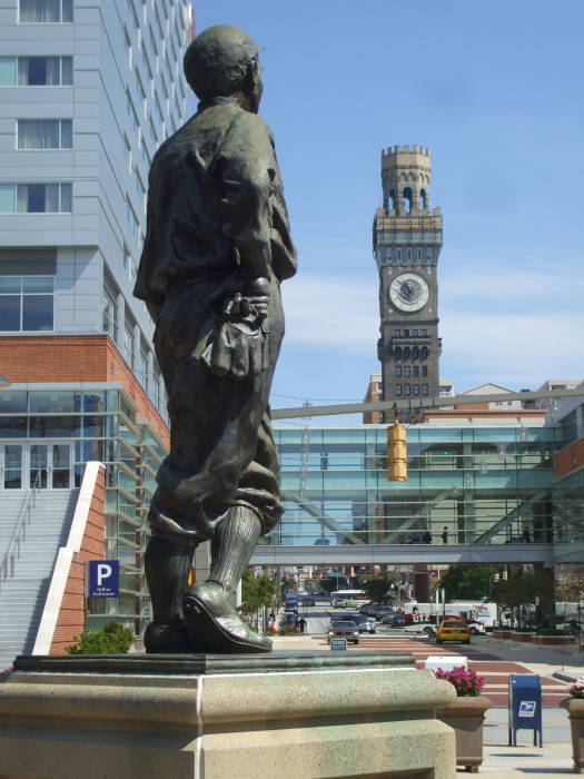Babe Ruth statue and the Bromo-Seltzer Tower as seen from Baltimore Orioles' Camden Yards ballpark in Baltimore.