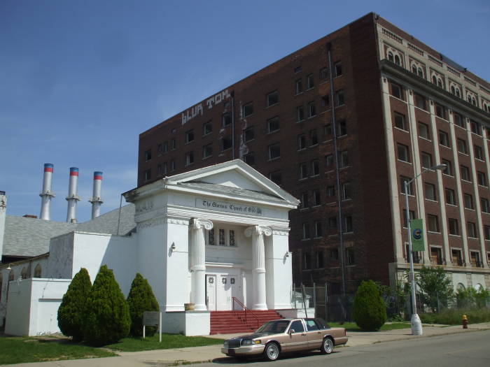 Church and large vacant building on Alexandrine near Woodward in Midtown Detroit.