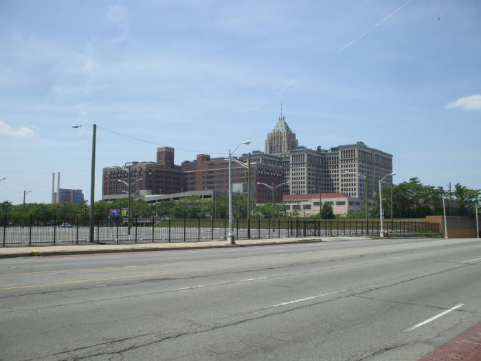 Fisher Building and Cadillac Place from Woodward Avenue.