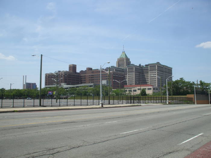 Fisher Building and Cadillac Place from Woodward Avenue.