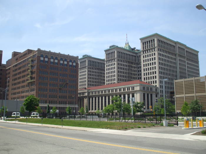 Fisher Building and Cadillac Place from Woodward Avenue.