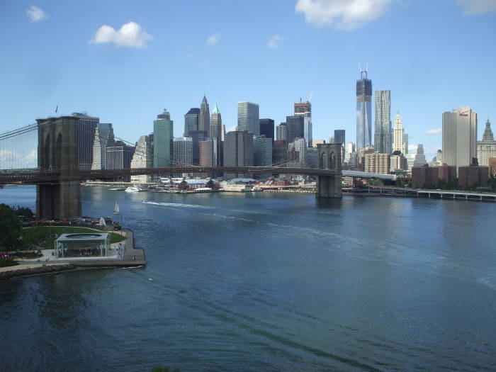 Brooklyn Bridge and Lower Manhattan as seen from the Brooklyn end of the Manhattan Bridge pedestrian walkway.