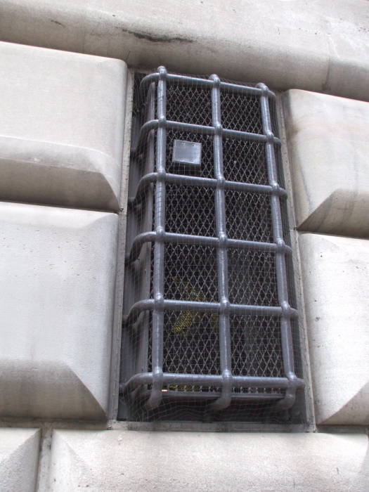 Heavily armored window on the Federal Reserve Bank in lower Manhattan.