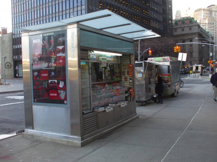 News stand on Whitehall Street.