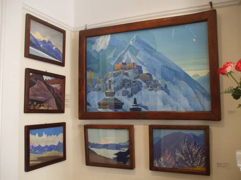 Himalayan mystic paintings by Nicholas Roerich. Largest one titled 'Tibet. Himalayas', 1933, Tempera on canvas.