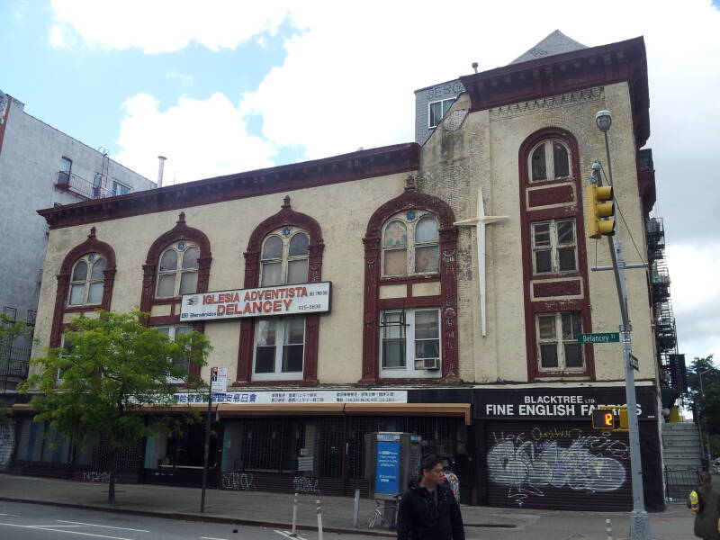 Building on the southeast corner of Delancey and Forsyth, by turns a Christian missionary society, Orthodox Jewish synagogue, and Seventh Day Adventist Church.