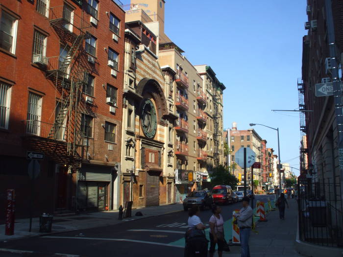 On Rivington Street approaching a synagogue between Forsyth and Allen.