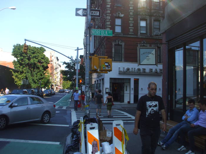 On Rivington Street crossing Norfolk.