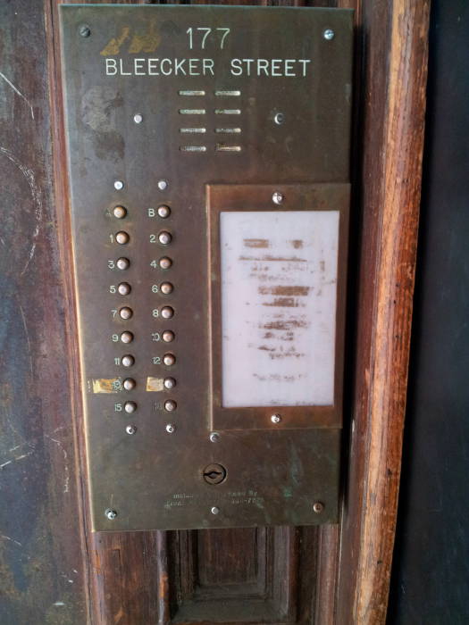 Door buzzers at townhouse of Doctor Strange at 177A Bleeker Street in Manhattan, New York.