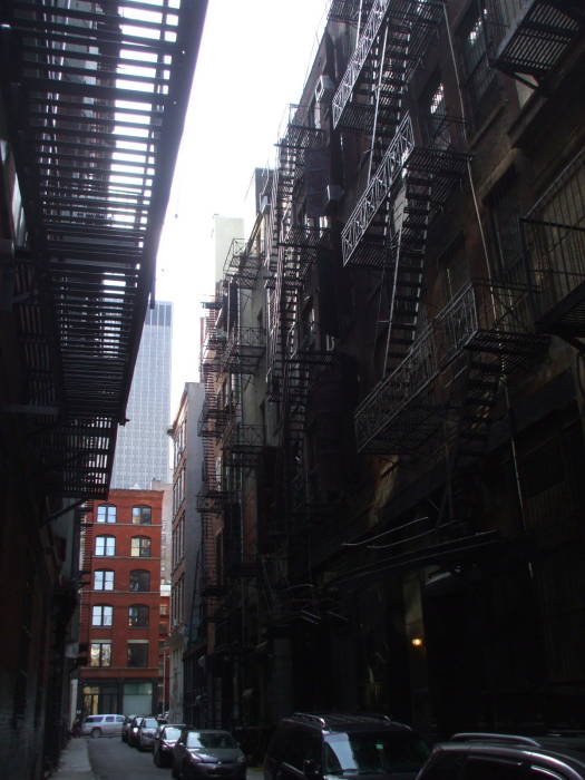 Fire escapes lead down to Cortlandt Alley.