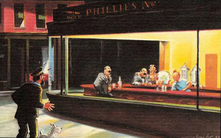 Parody of Edward Hopper's 'Nighthawk' painting of a diner at night with Tintin characters.