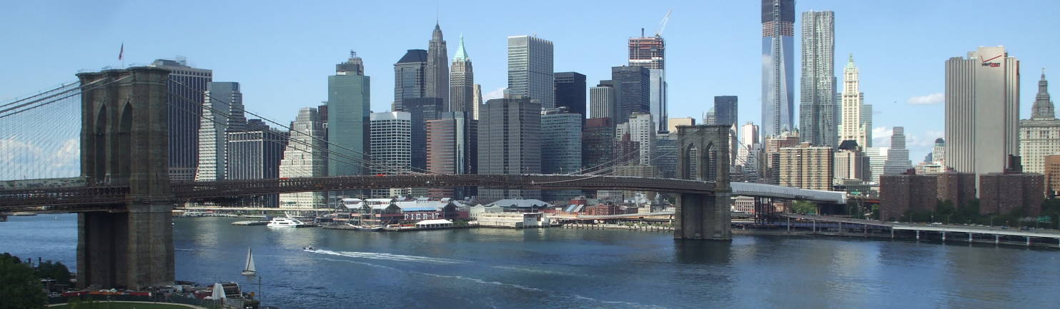 Brooklyn Bridge and Lower Manhattan as seen from the Brooklyn end of the Manhattan Bridge pedestrian walkway.