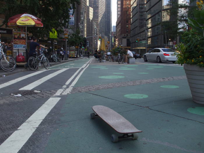 My skateboard on Broadway. Starting south on Broadway from Columbus Circle.
