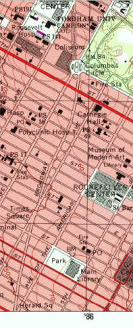 Topo map of Manhattan, Central Park, Columbus Circle, Midtown and Times Square.