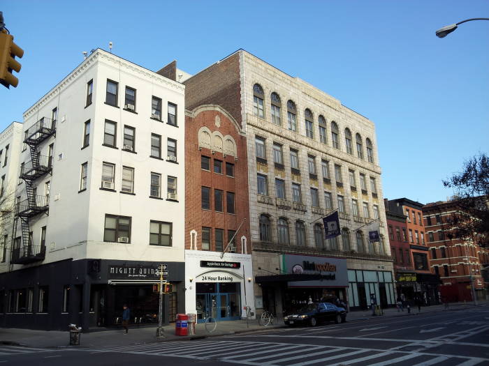 An M101 bus pulls up to the southwest corner of St. Marks Place and Second Avenue in the East Village in Manhattan.