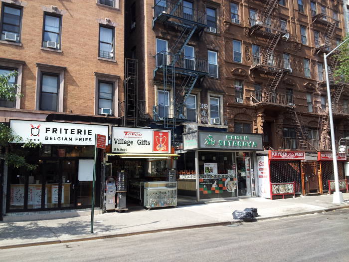 South side of St. Marks Place between Third Avenue and Second Avenue in the East Village.