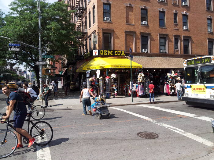 An M101 bus pulls up to the southwest corner of St. Marks Place and Second Avenue in the East Village in Manhattan.