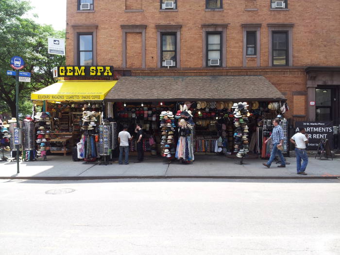 Gem Spa at the southwest corner of St. Marks Place and Second Avenue in the East Village in Manhattan.