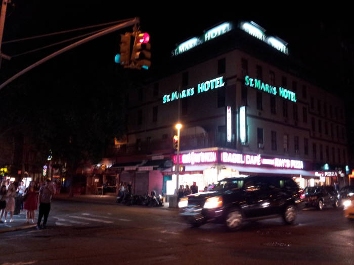 St. Marks Hotel on the southeast corner of Third Avenue and St. Marks Place in the East Village. Near midnight in July.