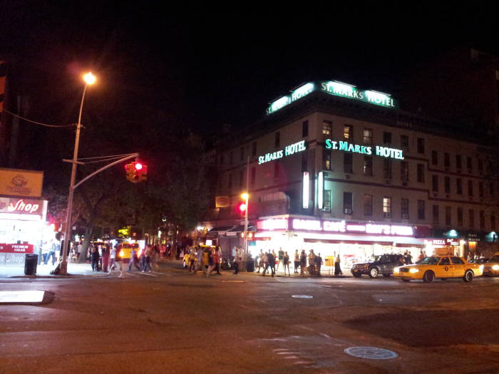 St. Marks Hotel on the southeast corner of Third Avenue and St. Marks Place in the East Village. Near midnight in July.