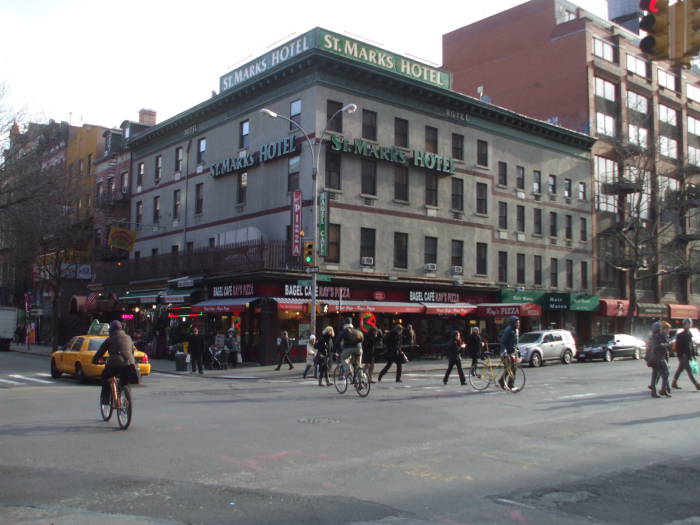 St. Marks Hotel on the southeast corner of Third Avenue and St. Marks Place in the East Village. Late afternoon in the winter.