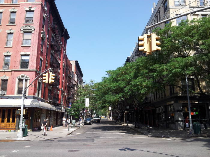 Looking down St. Marks Place across Avenue A from Tompkins Square Park in the East Village.