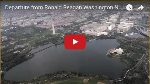 Departure from DCA in Washington DC over the National Mall, Jefferson Memorial, Washington Monument, White House, Kennedy Center, Georgetown.