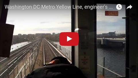 Yellow Line WMATA Metro train, engineer's view crossing the Potomac River from near the Jefferson Memorial to the Pentagon.
