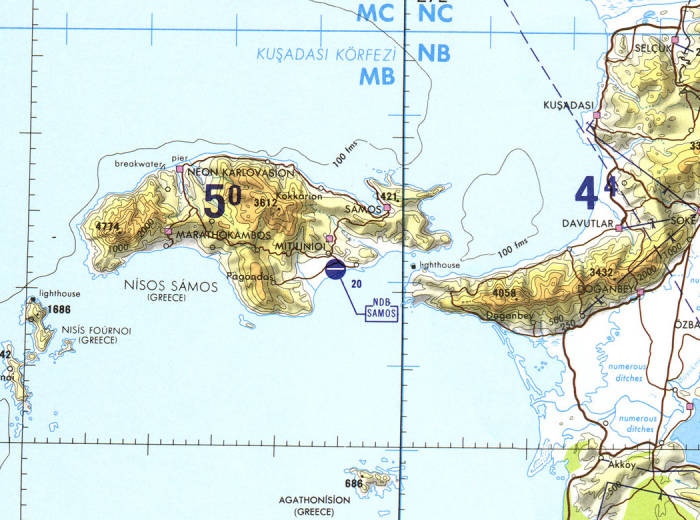 Map of Samos: U.S. aeronautical chart TPC G-3B.